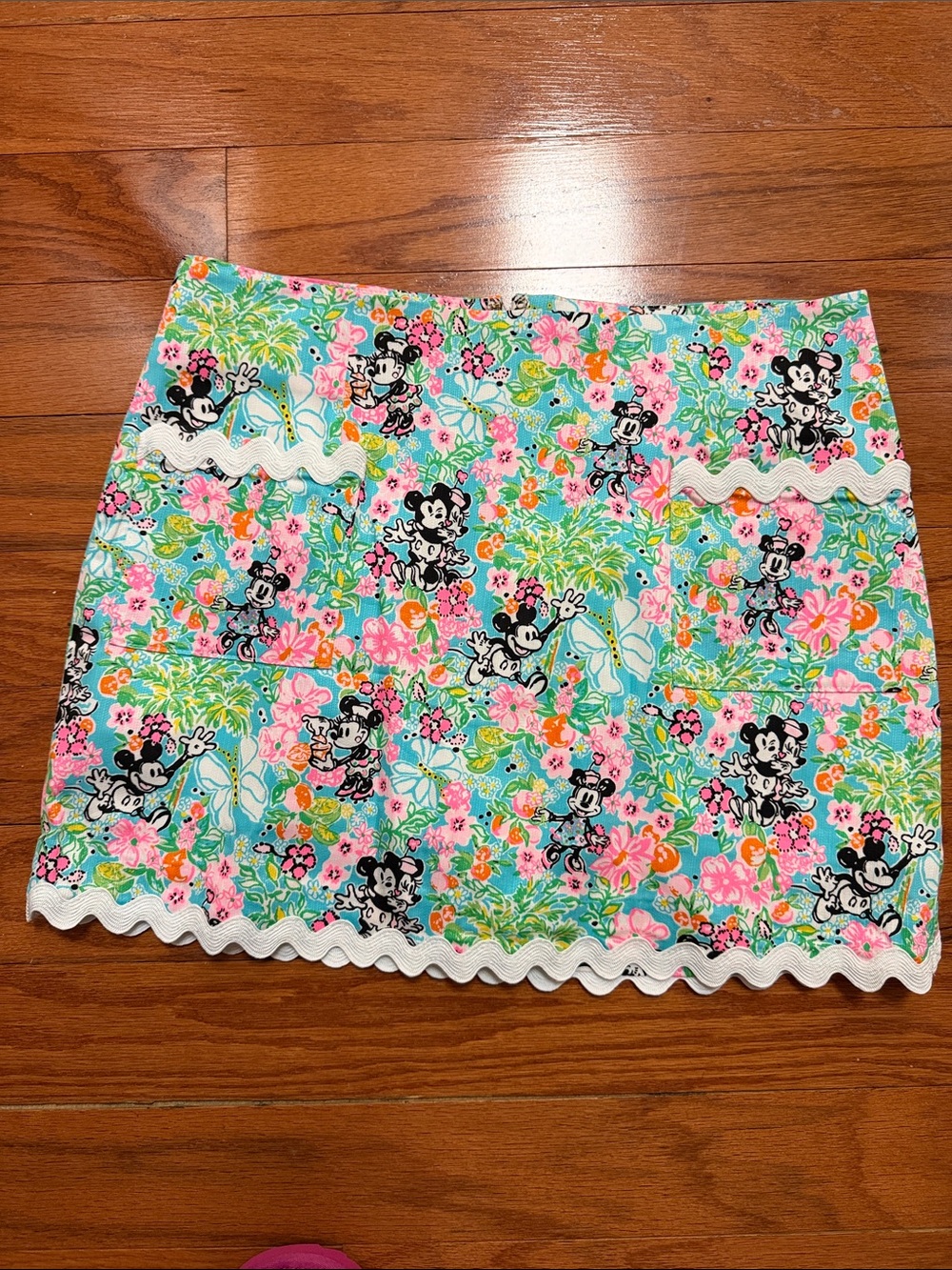 Disney Lilly Pulitzer Aqua Floral Minnie Mini Skirt with Pink & Green Accents
